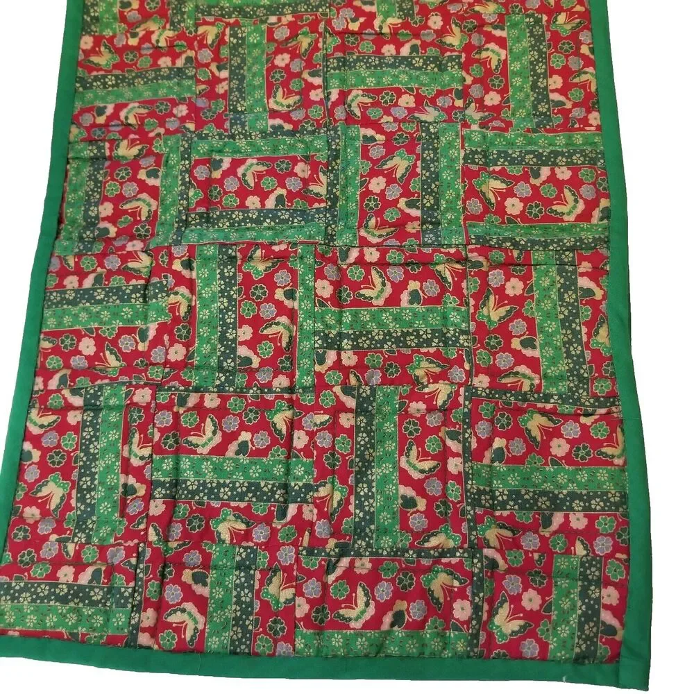 Table Runner Butterflies & Floral Design Red Green & Gold Handmade quilted Look